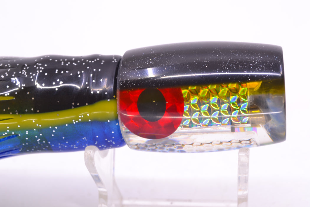 Coggin Lures Rainbow Dichro Black-Yellow Back 4-Hole Kilauea Tado Invert 9" 5.5oz Skirted