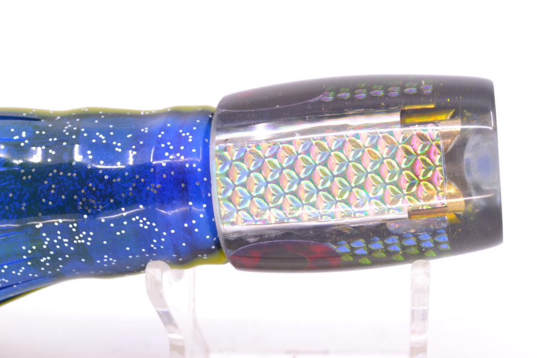 Coggin Lures Rainbow Dichro Black-Yellow Back 4-Hole Kilauea Tado Invert 9" 5.5oz Skirted