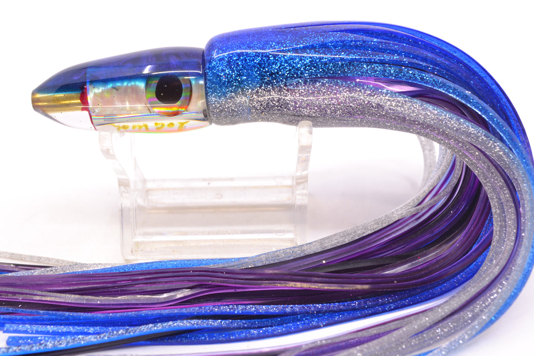 Bomboy Lures White Abalone Blue Back Rainbow Eyes Mini Bomb 5" 2oz Skirted Blue-Silver