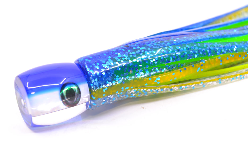 Moyes Lures White MOP Blue Back Tang 5" 3oz Skirted Blue-Yellow Stripe-Silver