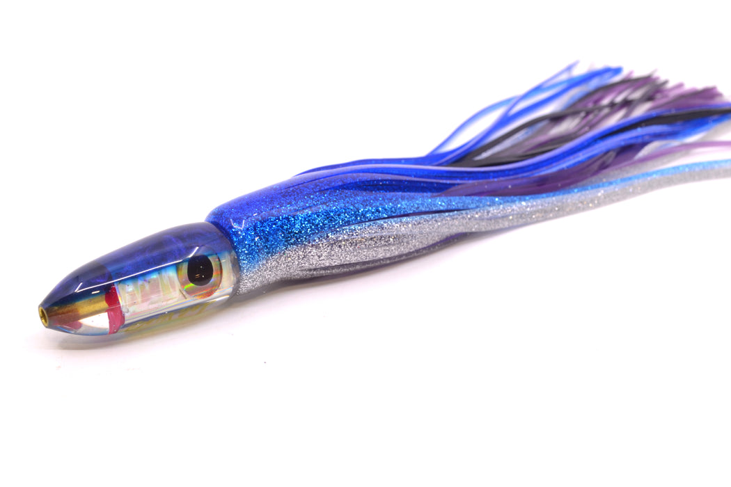 Bomboy Lures White Abalone Blue Back Rainbow Eyes Mini Bomb 5" 2oz Skirted Blue-Silver