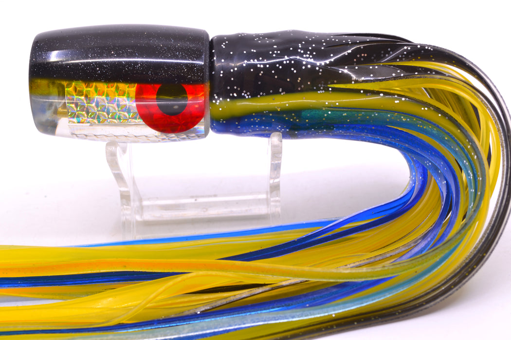 Coggin Lures Rainbow Dichro Black-Yellow Back 4-Hole Kilauea Tado Invert 9" 5.5oz Skirted