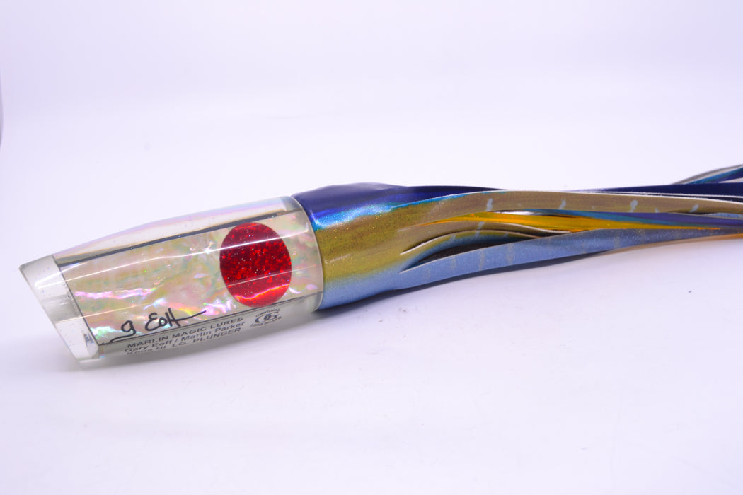 Marlin Magic White Awabi Red Eyes Large Plunger 12" 8.3oz Fire Tailz Vinyl Yellowfin Tuna