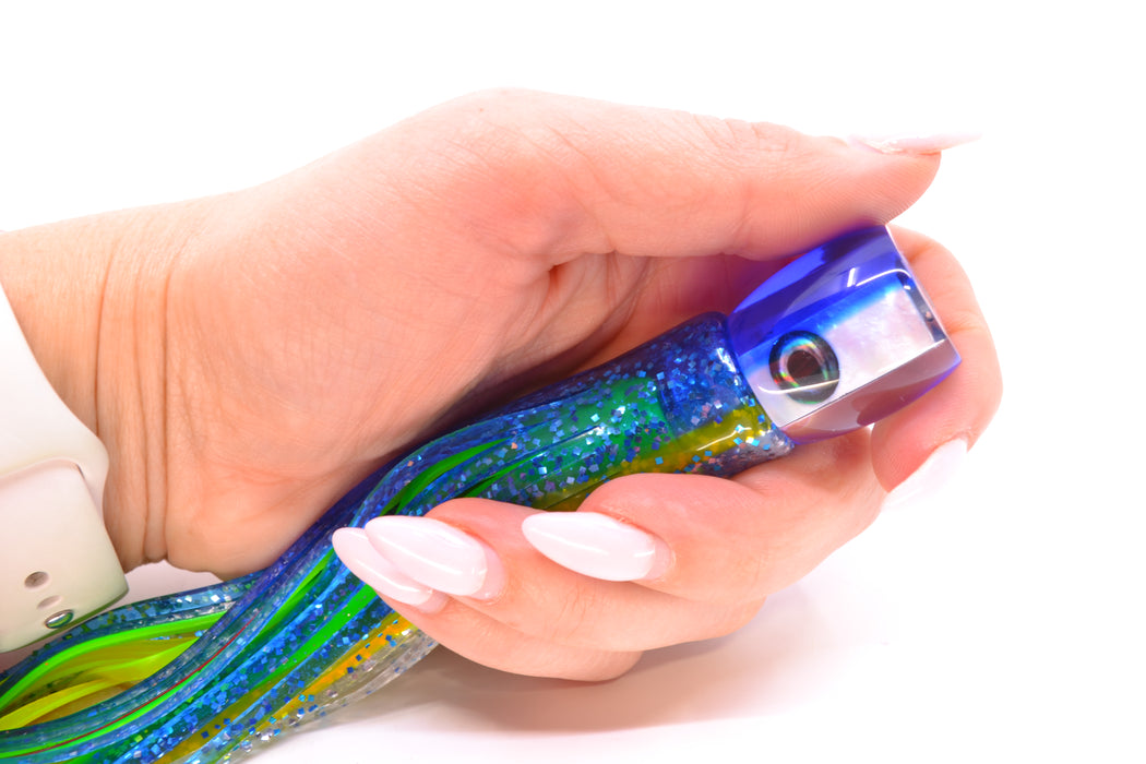 Moyes Lures White MOP Blue Back Tang 5" 3oz Skirted Blue-Yellow Stripe-Silver