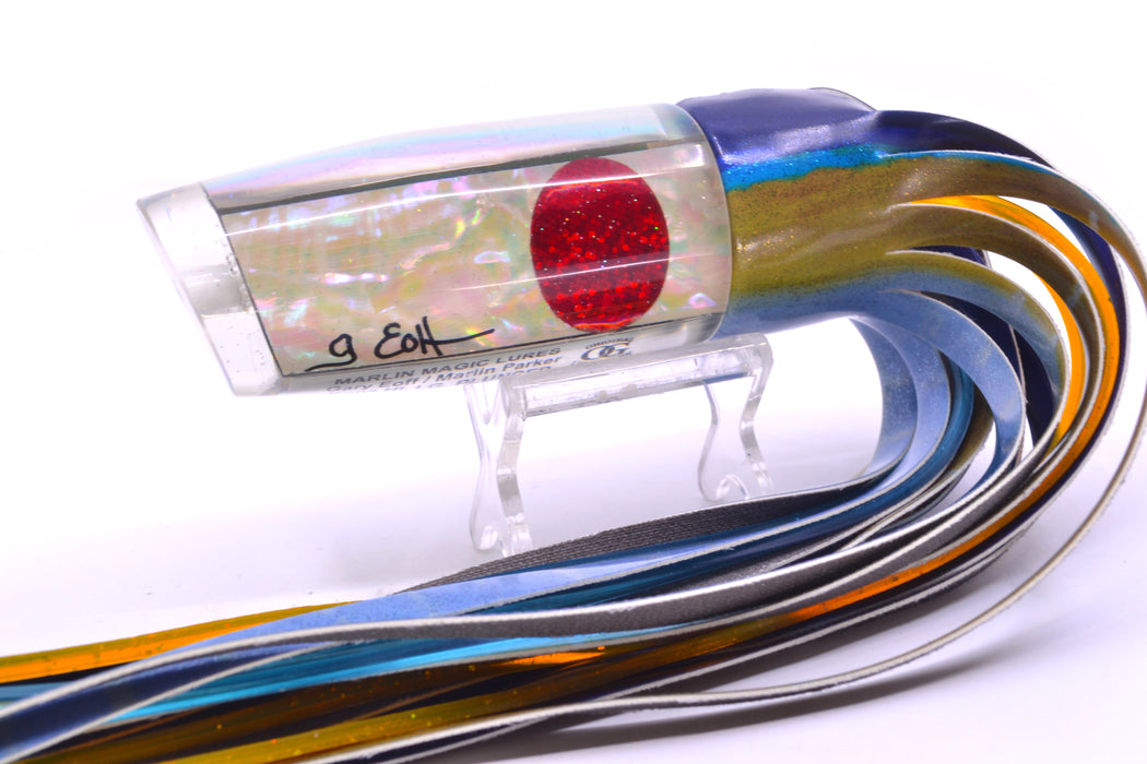 Marlin Magic White Awabi Red Eyes Large Plunger 12" 8.3oz Fire Tailz Vinyl Yellowfin Tuna