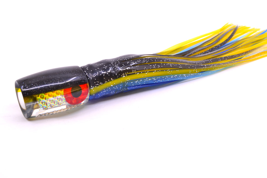 Coggin Lures Rainbow Dichro Black-Yellow Back 4-Hole Kilauea Tado Invert 9" 5.5oz Skirted