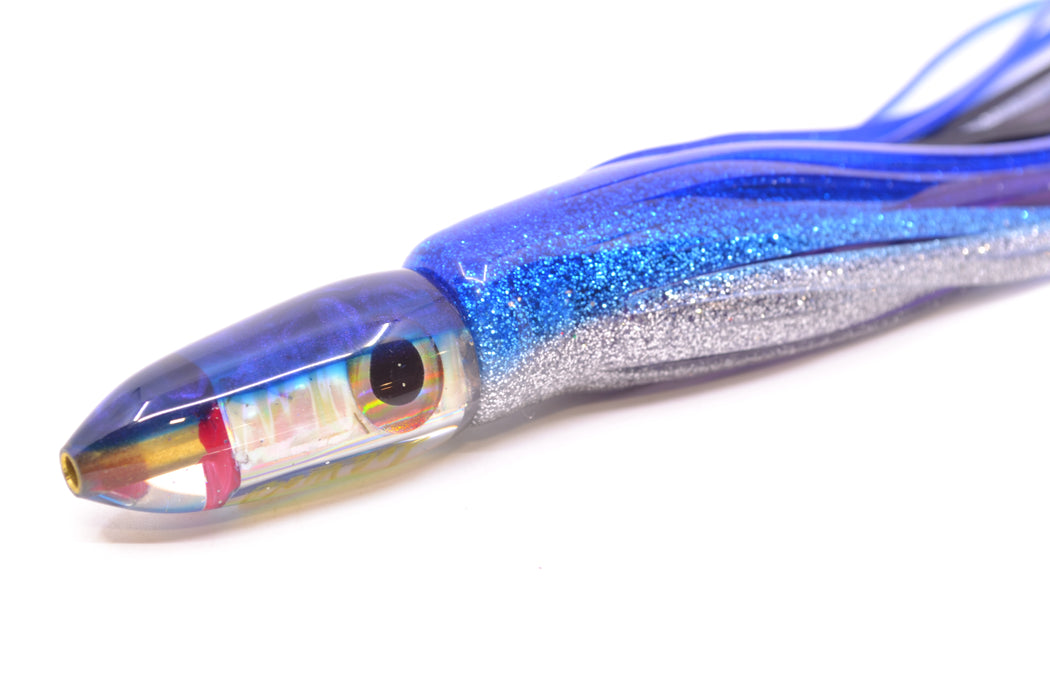 Bomboy Lures White Abalone Blue Back Rainbow Eyes Mini Bomb 5" 2oz Skirted Blue-Silver