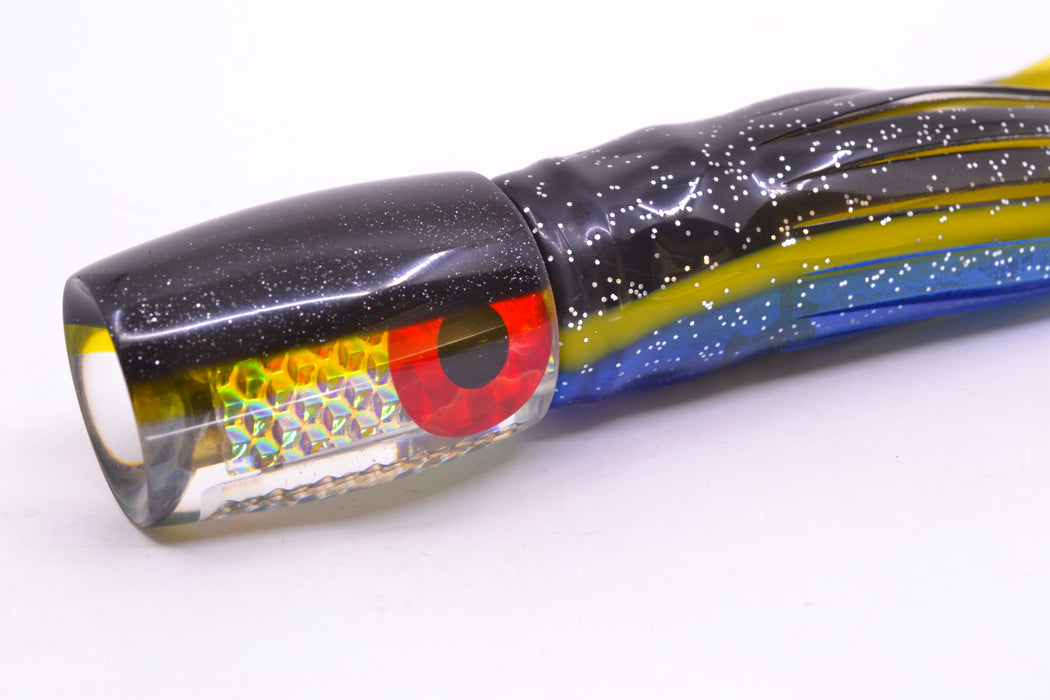Coggin Lures Rainbow Dichro Black-Yellow Back 4-Hole Kilauea Tado Invert 9" 5.5oz Skirted