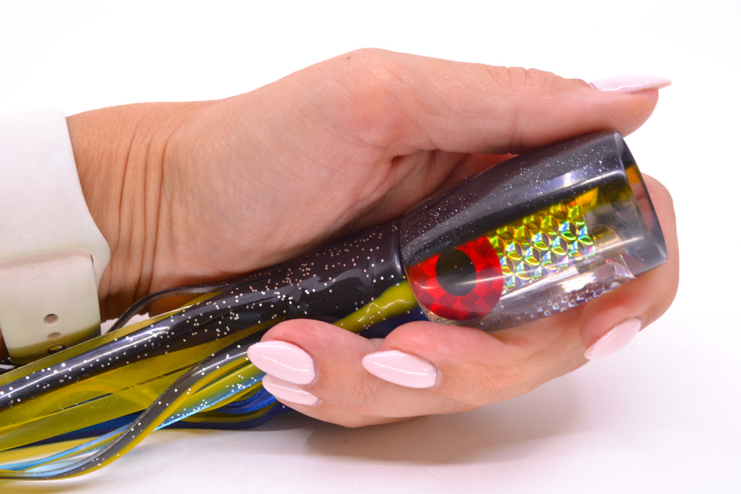 Coggin Lures Rainbow Dichro Black-Yellow Back 4-Hole Kilauea Tado Invert 9" 5.5oz Skirted