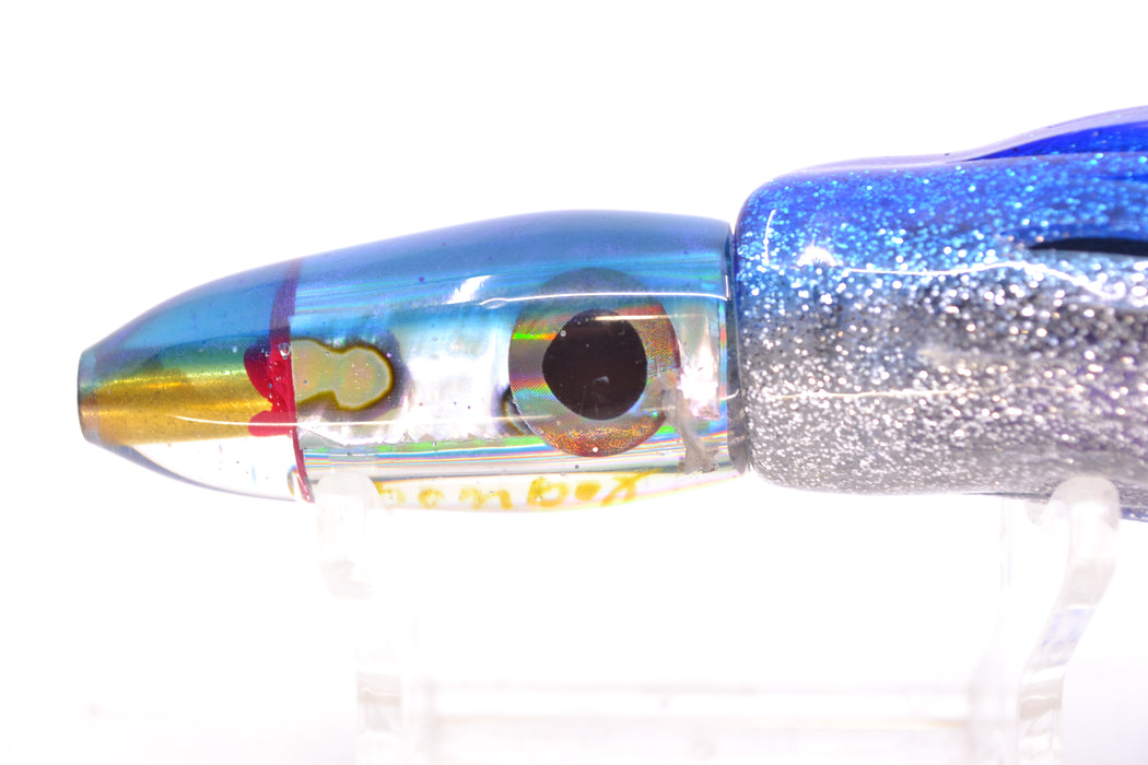 Bomboy Lures White Abalone Blue Back Rainbow Eyes Mini Bomb 5" 2oz Skirted Blue-Silver *CHIPPED*