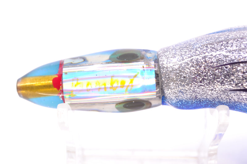 Bomboy Lures White Abalone Blue Back Rainbow Eyes Mini Bomb 5" 2oz Skirted Blue-Silver *CHIPPED*