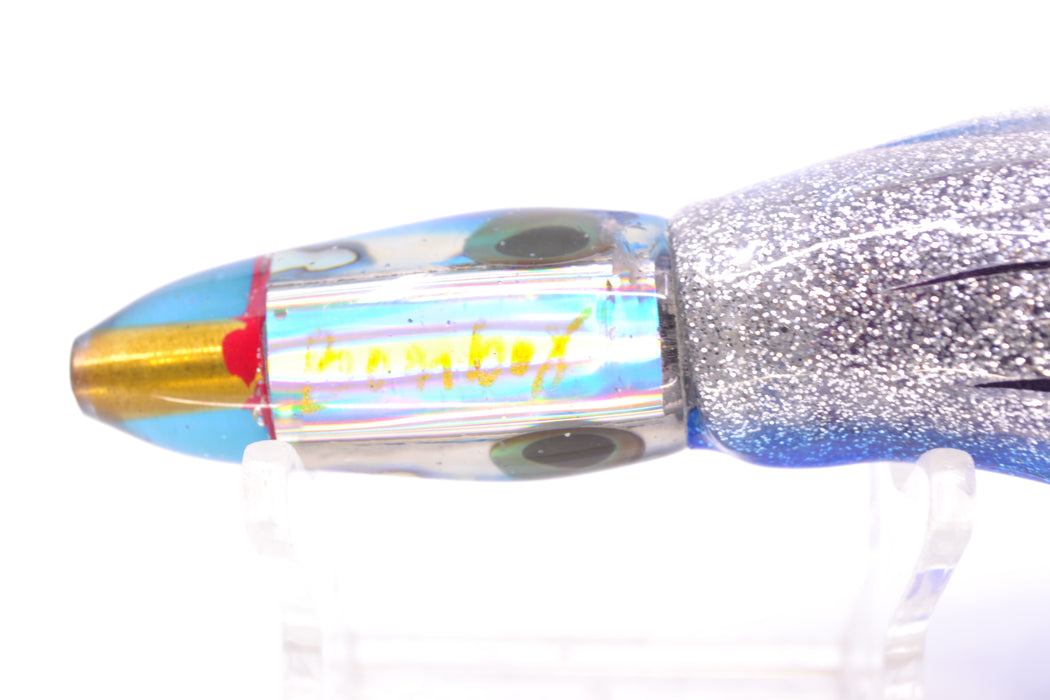 Bomboy Lures White Abalone Blue Back Rainbow Eyes Mini Bomb 5" 2oz Skirted Blue-Silver *CHIPPED*