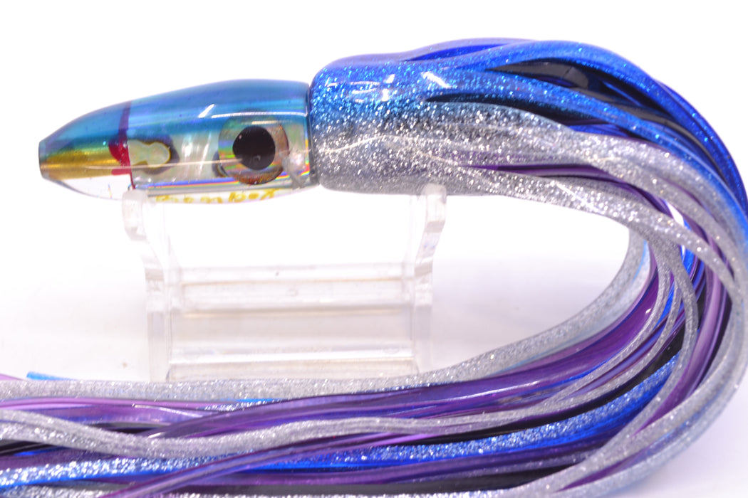 Bomboy Lures White Abalone Blue Back Rainbow Eyes Mini Bomb 5" 2oz Skirted Blue-Silver *CHIPPED*