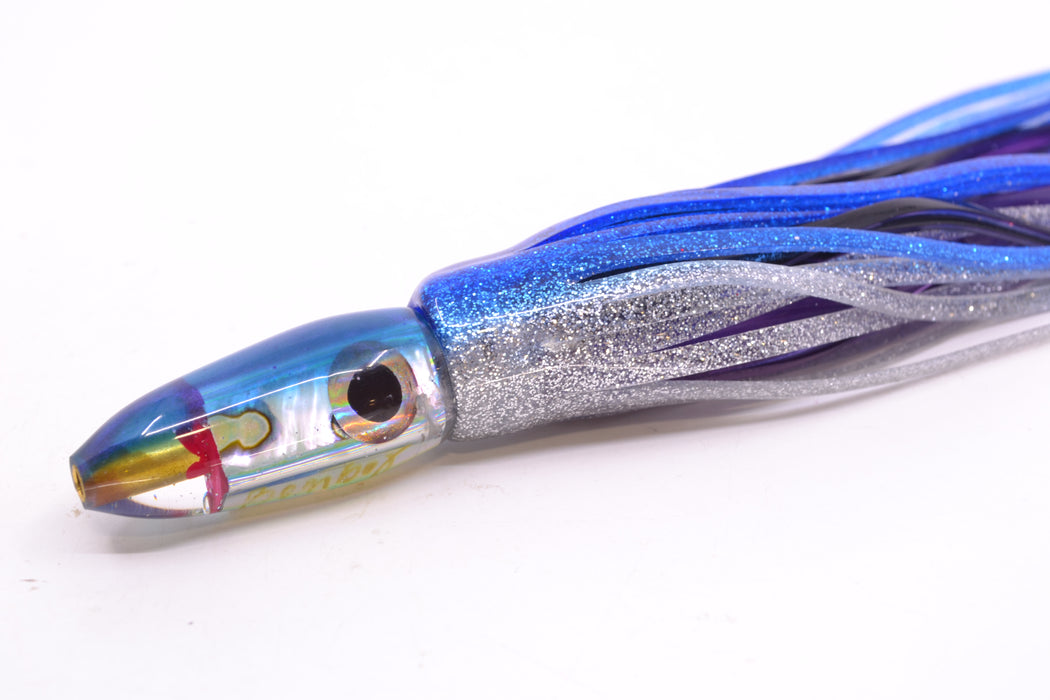 Bomboy Lures White Abalone Blue Back Rainbow Eyes Mini Bomb 5" 2oz Skirted Blue-Silver *CHIPPED*