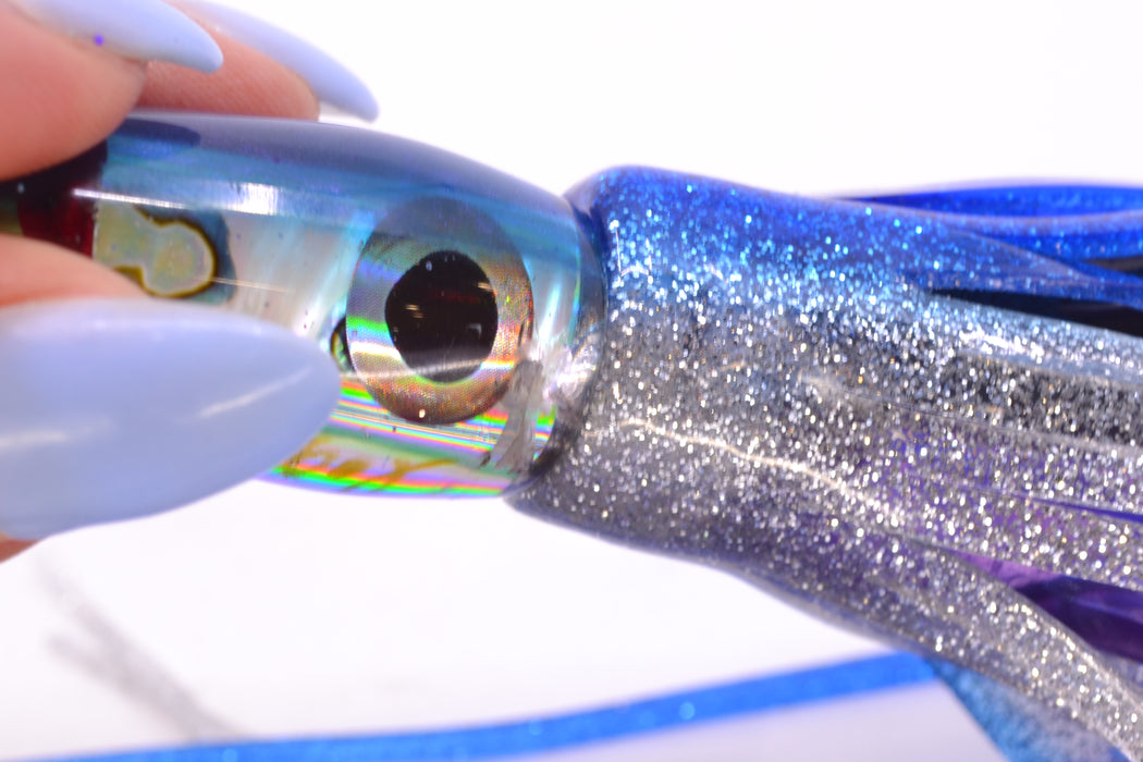 Bomboy Lures White Abalone Blue Back Rainbow Eyes Mini Bomb 5" 2oz Skirted Blue-Silver *CHIPPED*