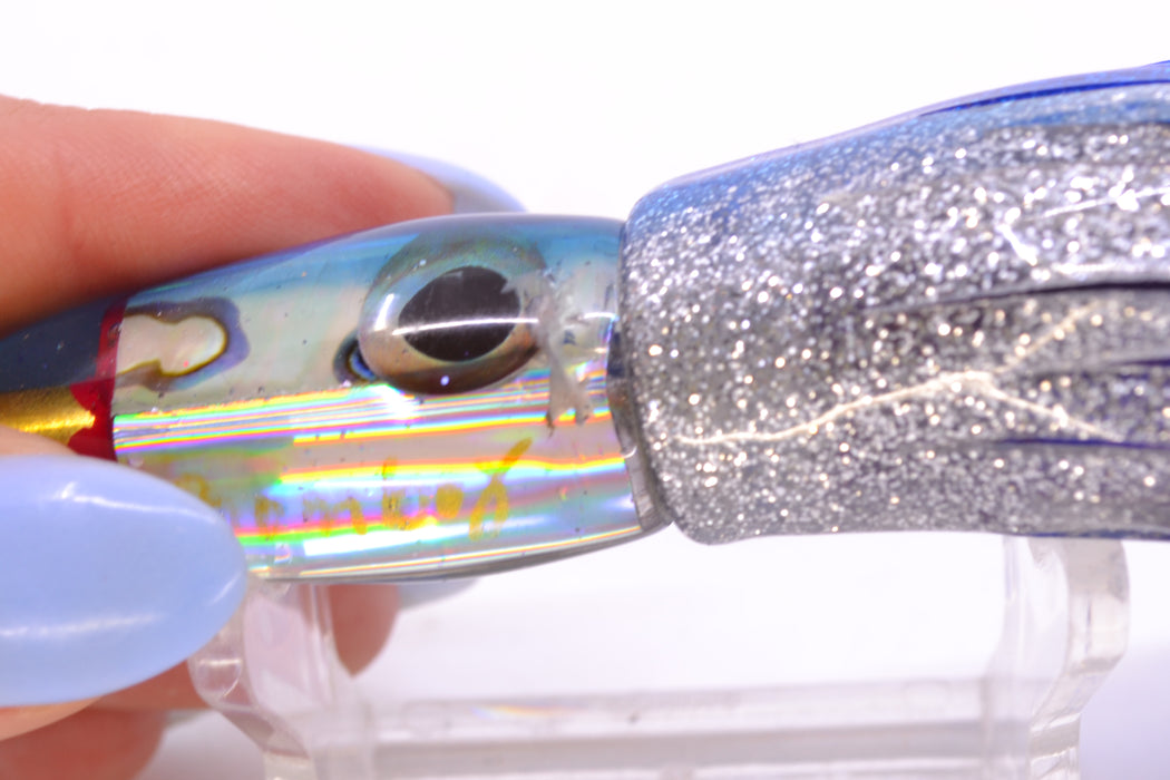 Bomboy Lures White Abalone Blue Back Rainbow Eyes Mini Bomb 5" 2oz Skirted Blue-Silver *CHIPPED*