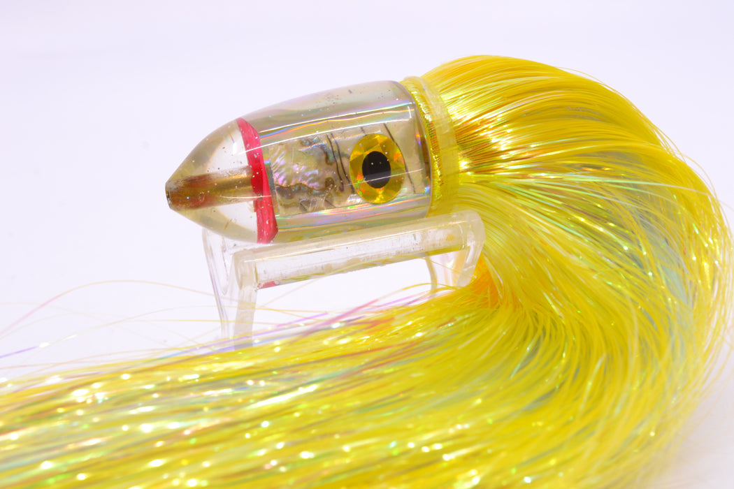 Bomboy Lures White Abalone Baby Bomb 9" 4oz Flashabou Yellow/Ice Blue