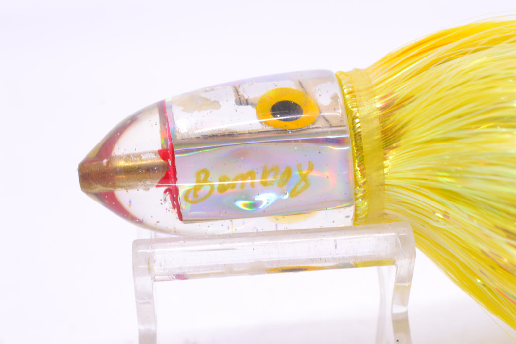 Bomboy Lures White Abalone Baby Bomb 9" 4oz Flashabou Yellow/Ice Blue