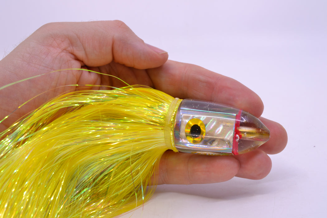 Bomboy Lures White Abalone Baby Bomb 9" 4oz Flashabou Yellow/Ice Blue