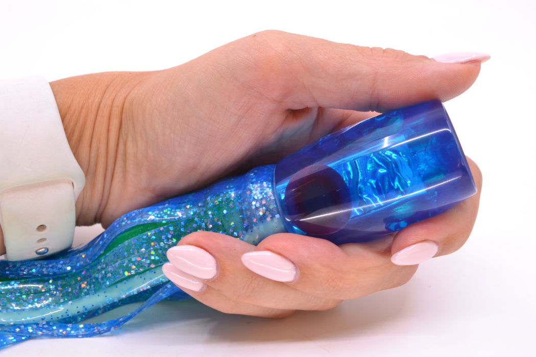 Coggin Lures Blue Dichro 4-Hole Kilauea Tado Invert 9" 5.5oz Skirted Blue Dots