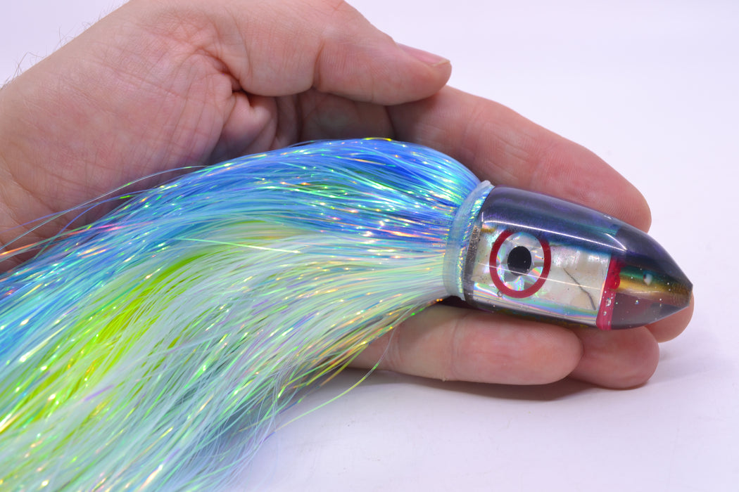 Bomboy Lures White Abalone Blue Back Baby Bomb 9" 2.8oz Flashabou Blue-White/Yellow