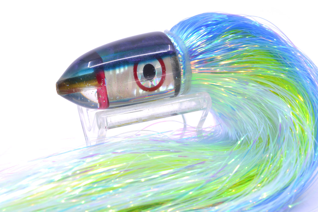 Bomboy Lures White Abalone Blue Back Baby Bomb 9" 2.8oz Flashabou Blue-White/Yellow
