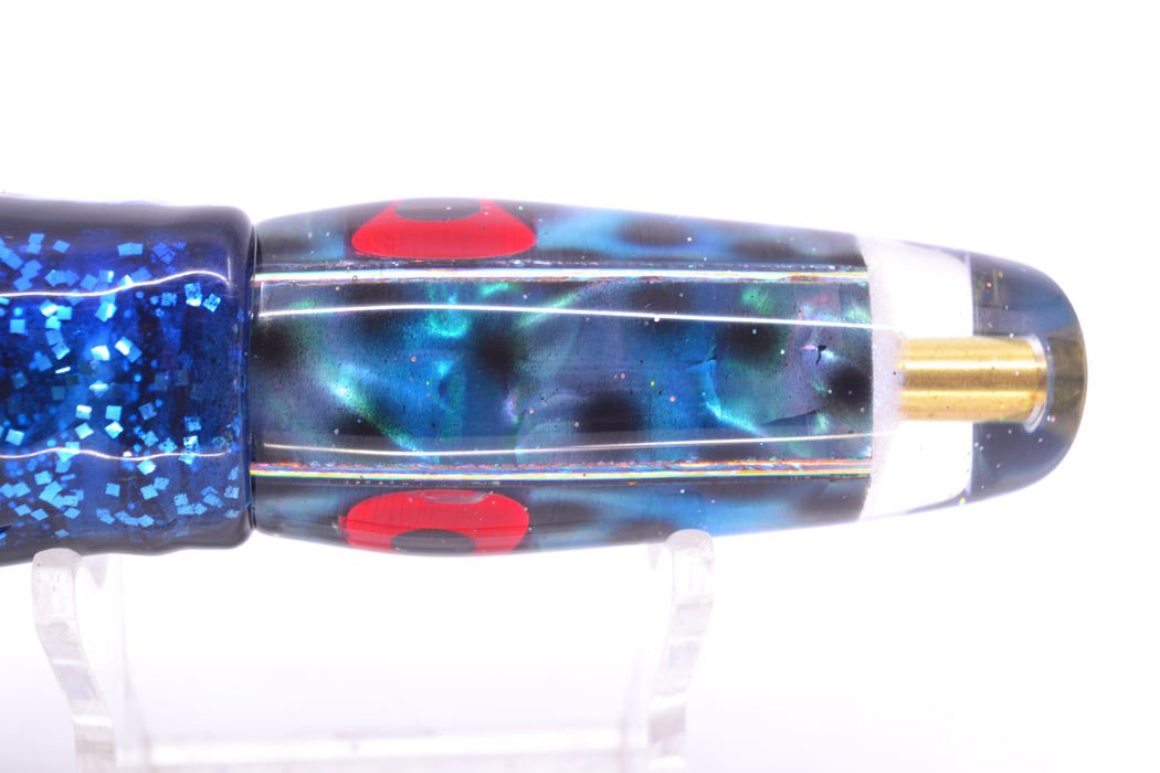 Ganku Lures Abalone Black Dots Square Longneck Cut Face 7" 6oz Skirted Black & Blue Bars GZE
