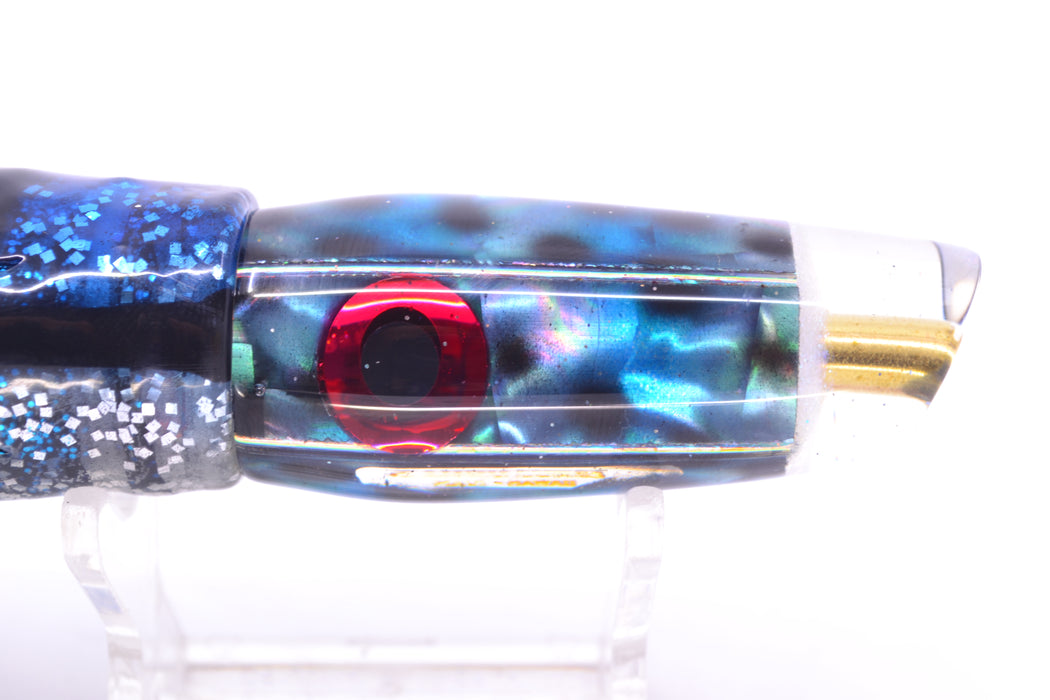 Ganku Lures Abalone Black Dots Square Longneck Cut Face 7" 6oz Skirted Black & Blue Bars GZE