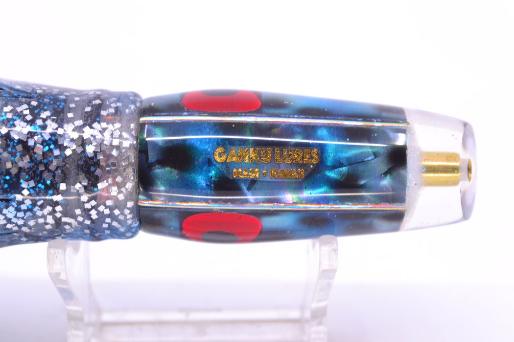 Ganku Lures Abalone Black Dots Square Longneck Cut Face 7" 6oz Skirted Black & Blue Bars GZE