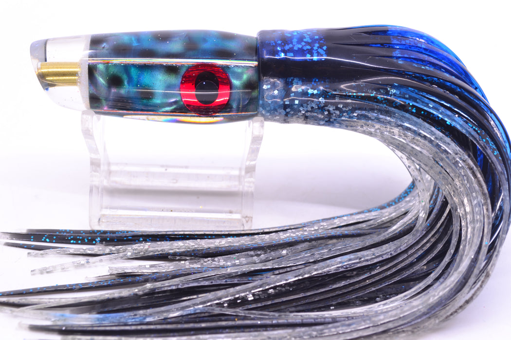 Ganku Lures Abalone Black Dots Square Longneck Cut Face 7" 6oz Skirted Black & Blue Bars GZE