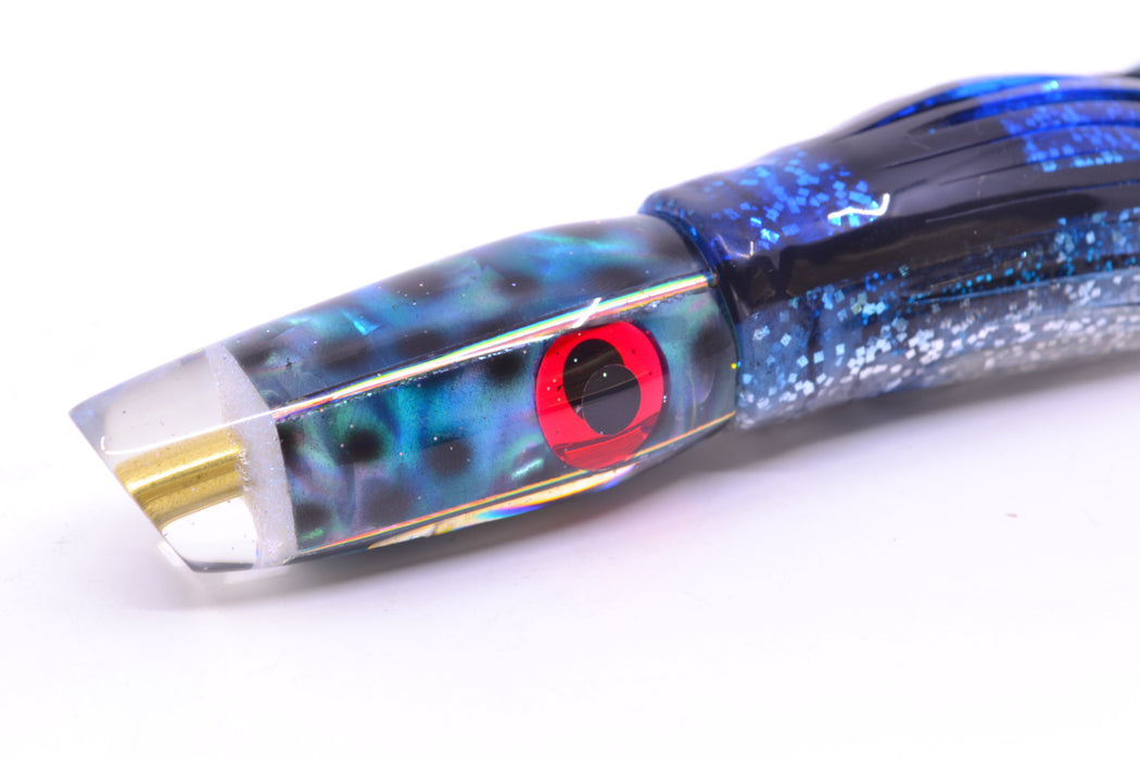 Ganku Lures Abalone Black Dots Square Longneck Cut Face 7" 6oz Skirted Black & Blue Bars GZE