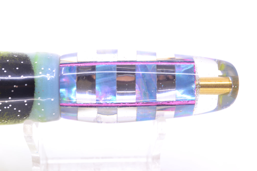 Ganku Lures Ice Blue MOP "Zebra" Square Longneck Cut Face 7" 6oz Skirted Fruit Salad GZE