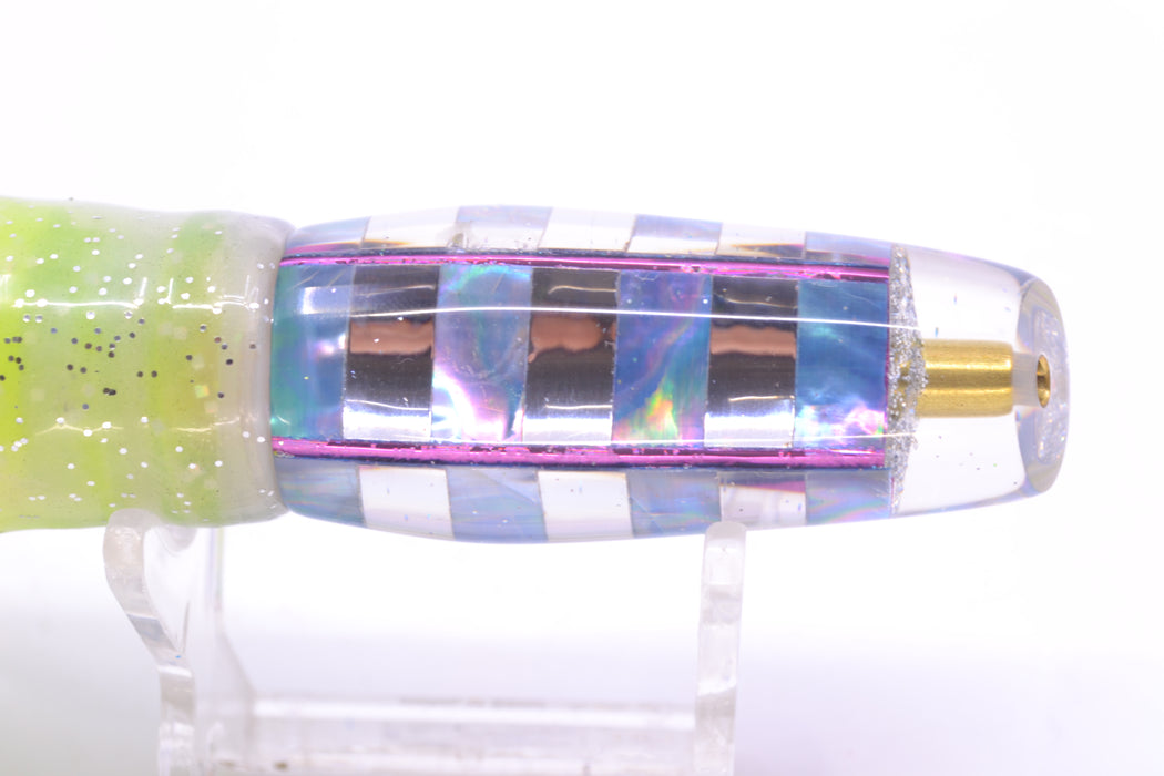 Ganku Lures Ice Blue MOP "Zebra" Square Longneck Cut Face 7" 6oz Skirted Fruit Salad GZE