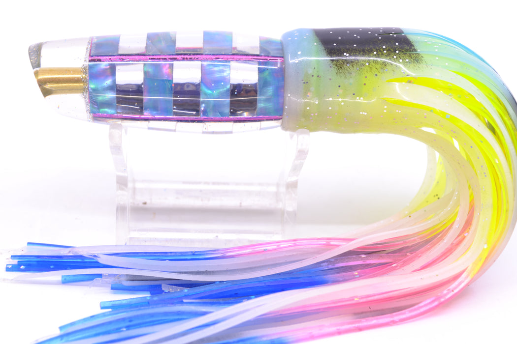 Ganku Lures Ice Blue MOP "Zebra" Square Longneck Cut Face 7" 6oz Skirted Fruit Salad GZE