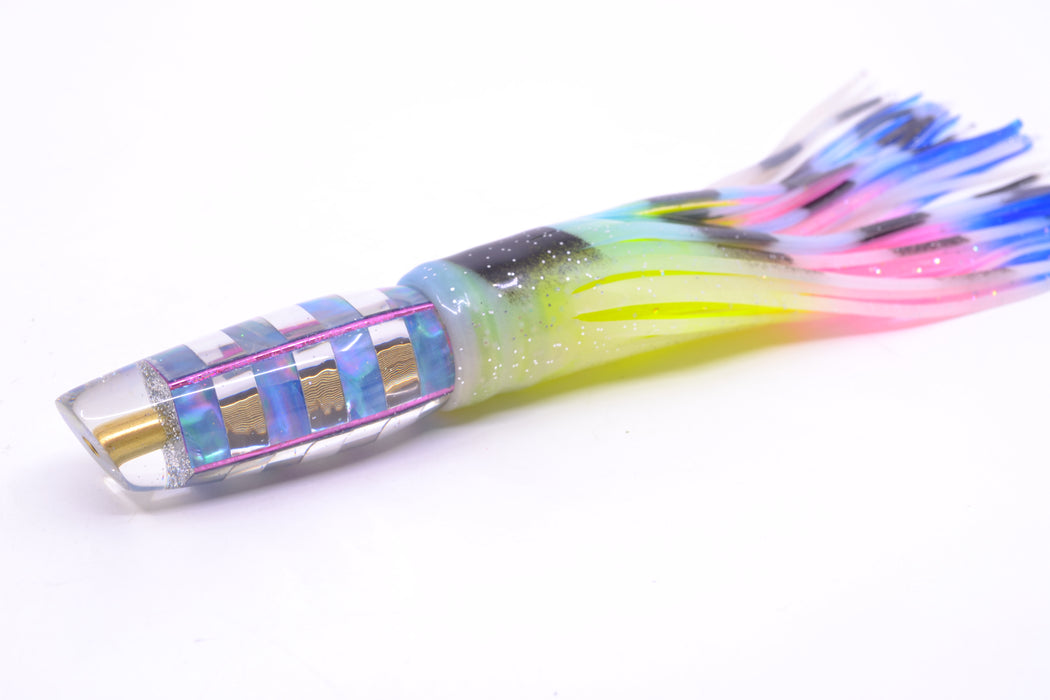Ganku Lures Ice Blue MOP "Zebra" Square Longneck Cut Face 7" 6oz Skirted Fruit Salad GZE