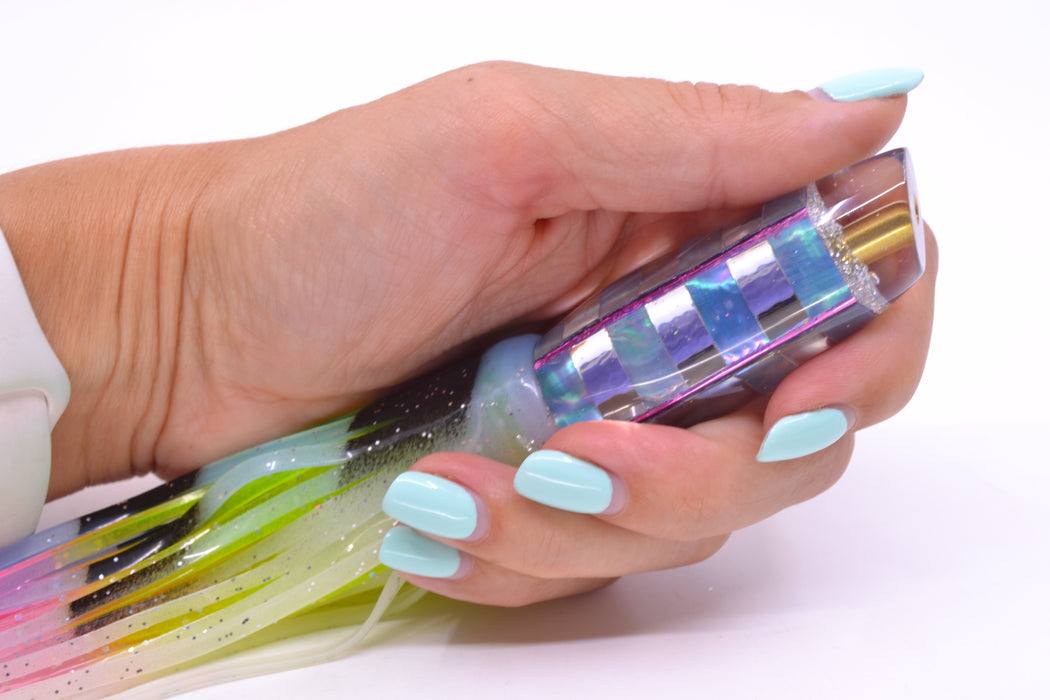 Ganku Lures Ice Blue MOP "Zebra" Square Longneck Cut Face 7" 6oz Skirted Fruit Salad GZE