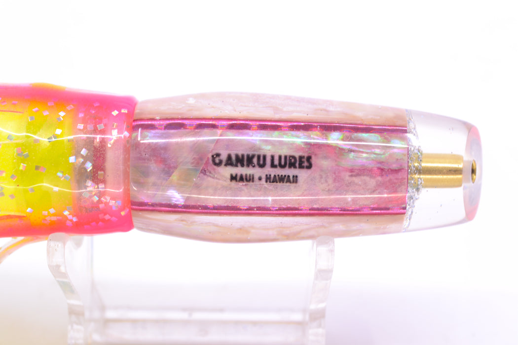 Ganku Lures White Awabi Square Longneck Cut Face 7" 6oz Skirted Blue Bars/Chartreuse GZE