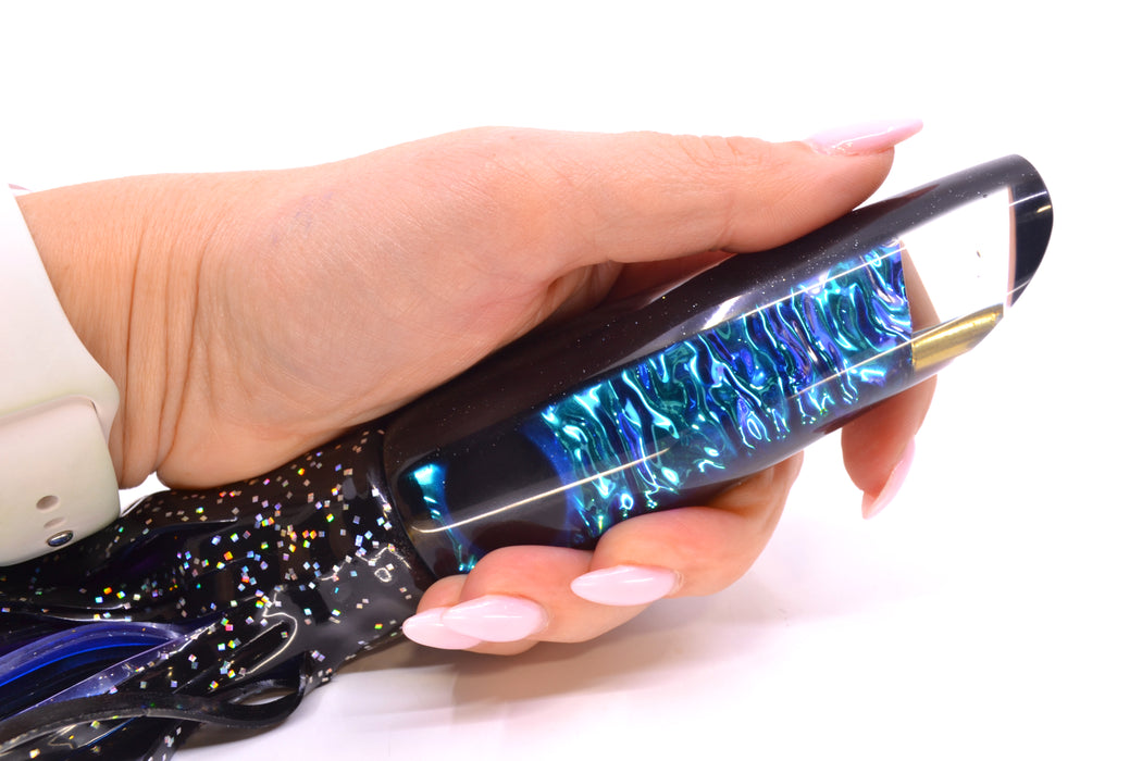 Coggin Lures Teal-Blue Dichro Black Back Old Style Stick Swimmer 12" 8oz Skirted Black