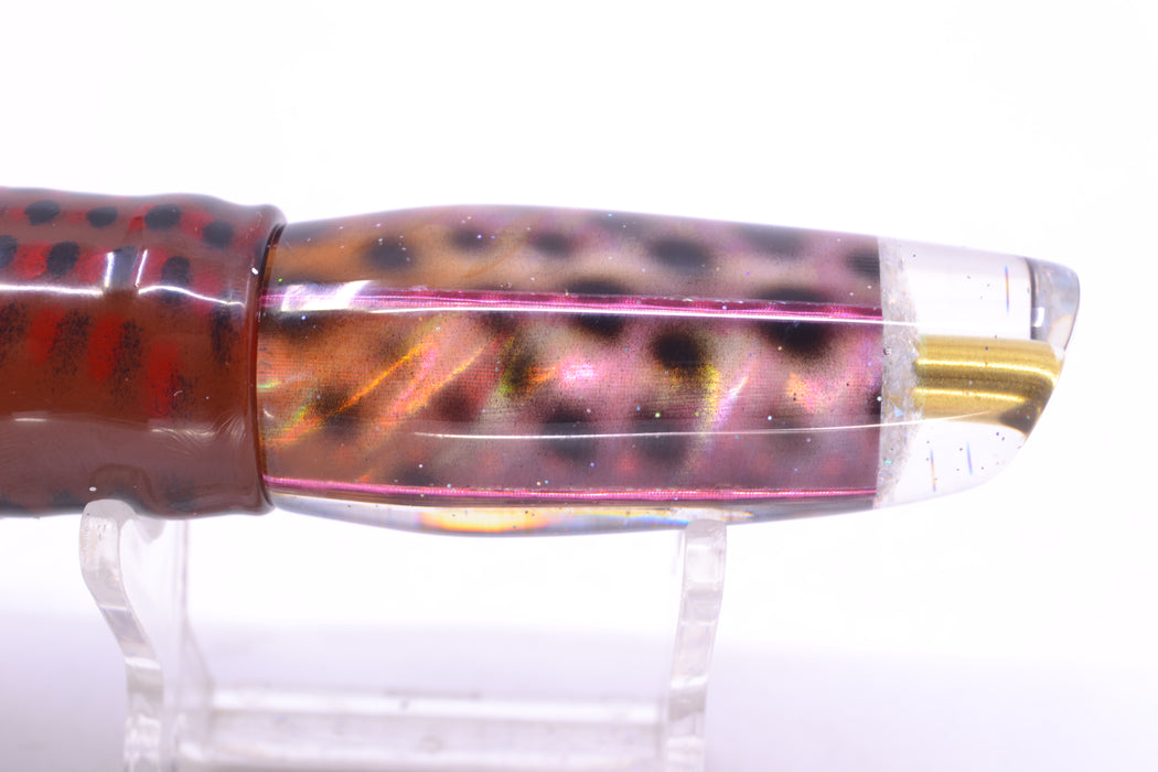 Ganku Lures "Tiger Cowrie" Square Longneck Cut Face 7" 6oz Skirted Root Beer-Black Dots GZE