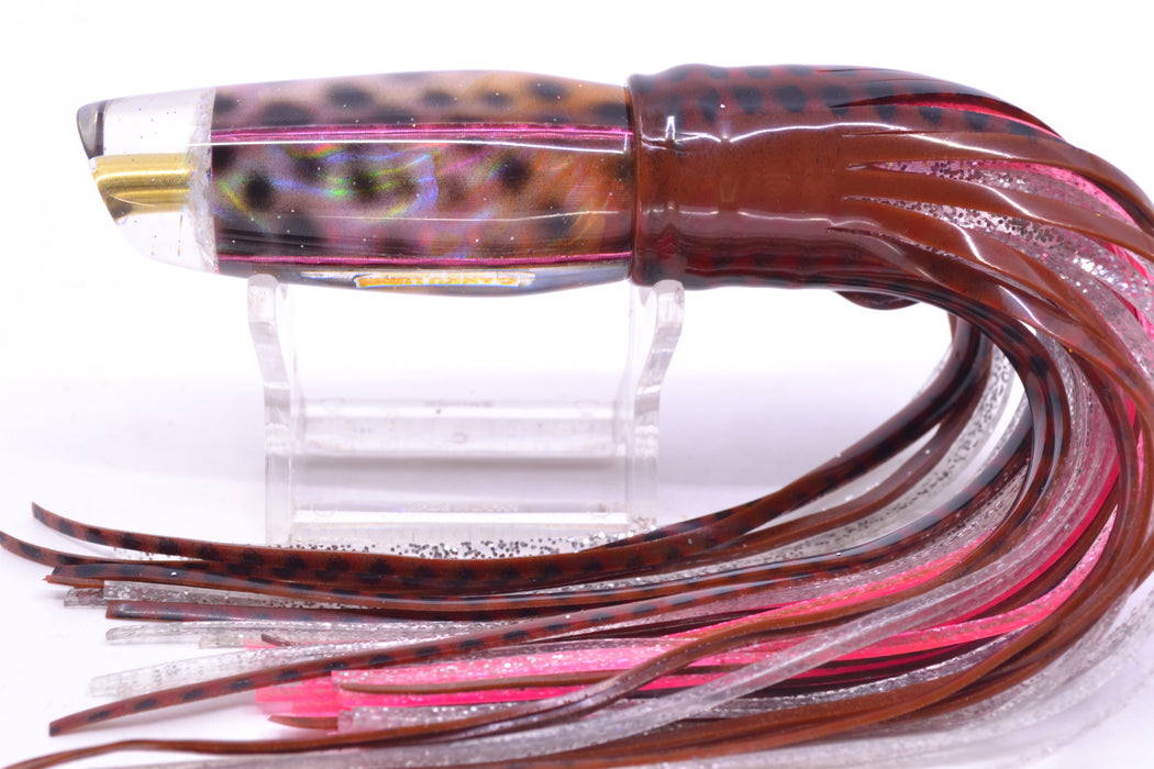 Ganku Lures "Tiger Cowrie" Square Longneck Cut Face 7" 6oz Skirted Root Beer-Black Dots GZE