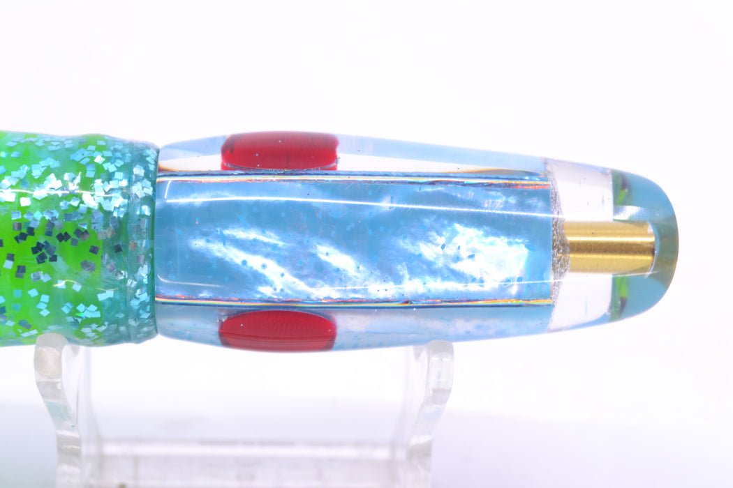 Ganku Lures Ice Blue MOP Red Eyes Square Longneck Cut Face 7" 6oz Skirted Blue/Rainbow GZE