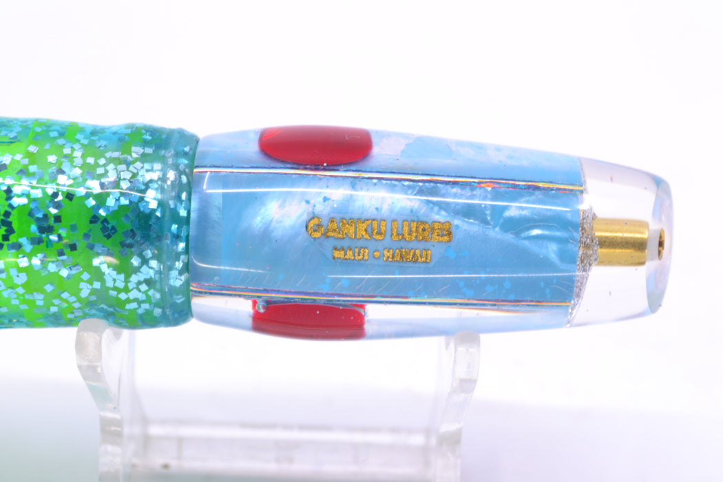 Ganku Lures Ice Blue MOP Red Eyes Square Longneck Cut Face 7" 6oz Skirted Blue/Rainbow GZE