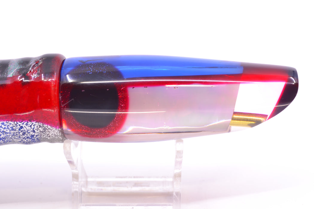 Coggin Lures White Pearl Glass Blue-Red Back Old Style Stick Troll Swimmer 12" 7oz Skirted