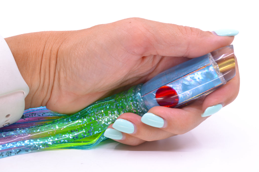 Ganku Lures Ice Blue MOP Red Eyes Square Longneck Cut Face 7" 6oz Skirted Blue/Rainbow GZE