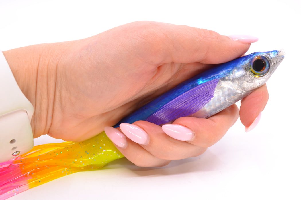 Aloha Lures Silver Rainbow Blue Back Purple Fins Slapstick 5" 5.5oz Skirted Rainbow