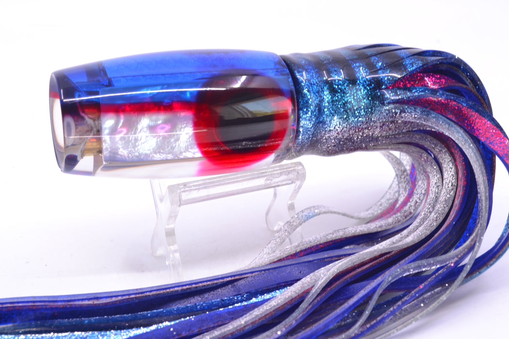 Coggin Lures White MOP Blue-Red Back 4-Hole Copalure Invert 12" 12oz Skirted Blue Aurora