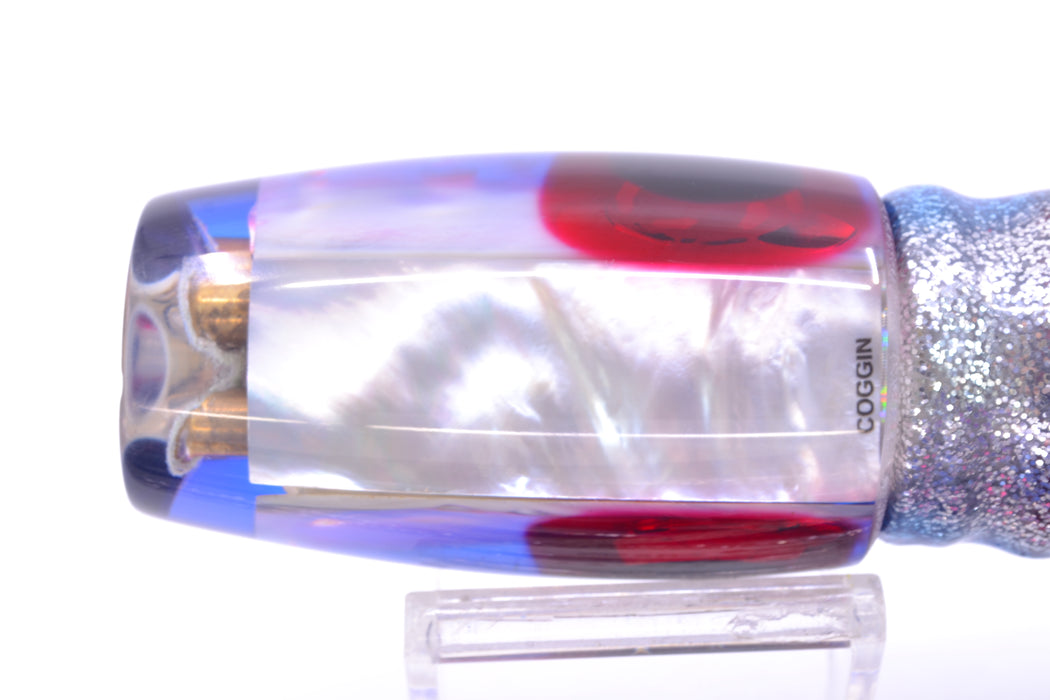 Coggin Lures White MOP Blue-Red Back 4-Hole Copalure Invert 12" 12oz Skirted Blue Aurora