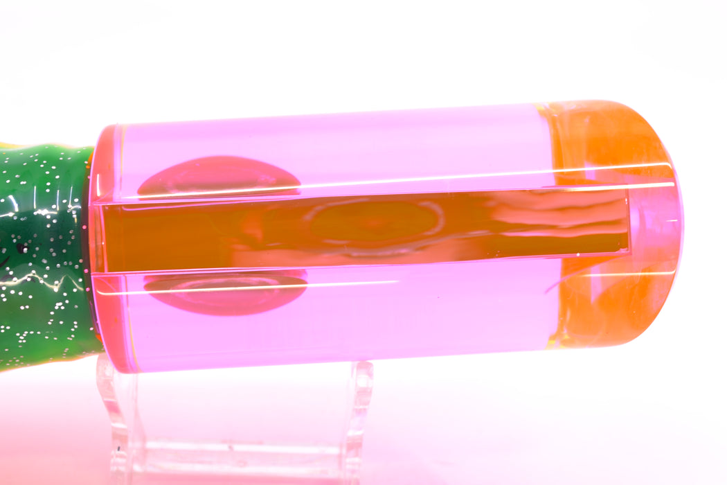 Moyes Lures Pink Mirrored Taxi Eyes Large Pipe Bomb 14" 12.3oz Skirted Green-Yellow-Pink