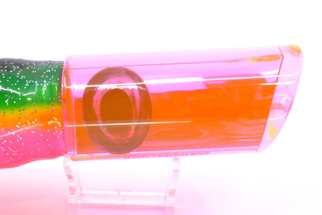 Moyes Lures Pink Mirrored Taxi Eyes Large Pipe Bomb 14" 12.3oz Skirted Green-Yellow-Pink