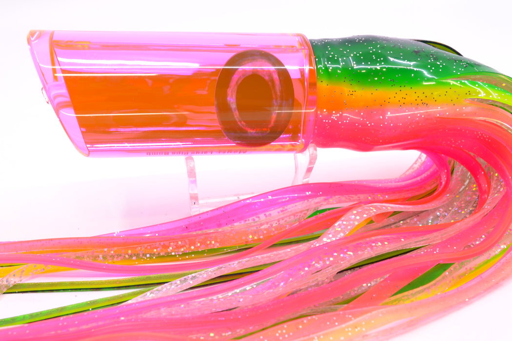 Moyes Lures Pink Mirrored Taxi Eyes Large Pipe Bomb 14" 12.3oz Skirted Green-Yellow-Pink